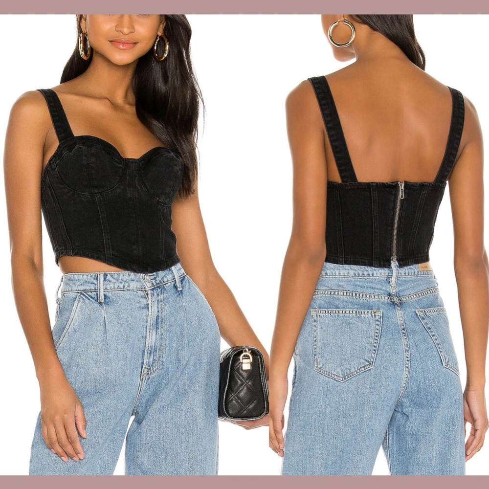 NWT GRLFRND [ Medium ] Maria in All the Stars Crop Top in Denim Black‎